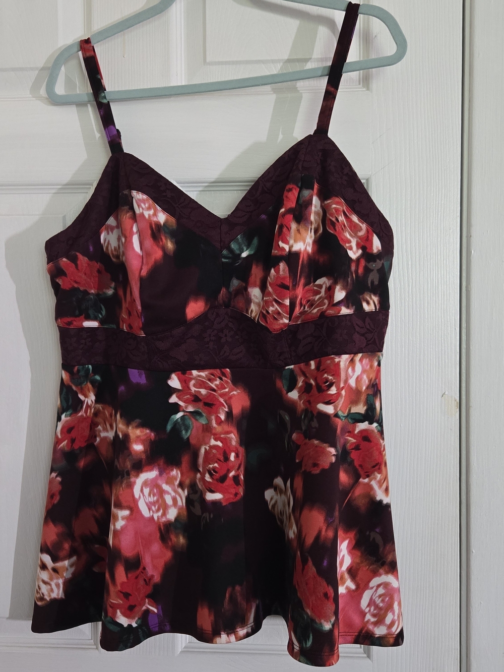 torrid Burgundy Floral Satin Chemise Tank with Adjustable Straps